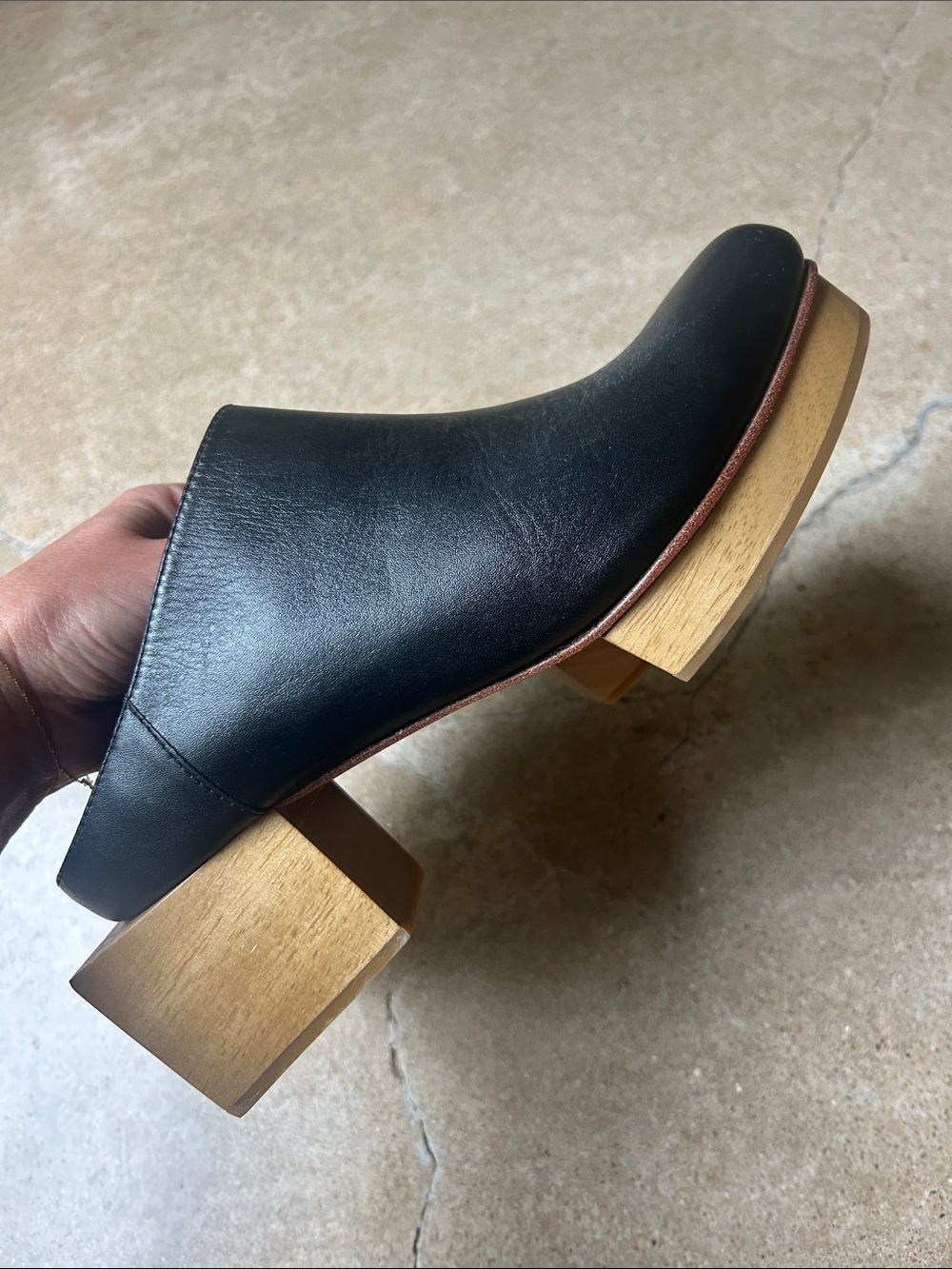 Beklina Black Leather clogs with Wood Block Heel - Picture 5 of 6